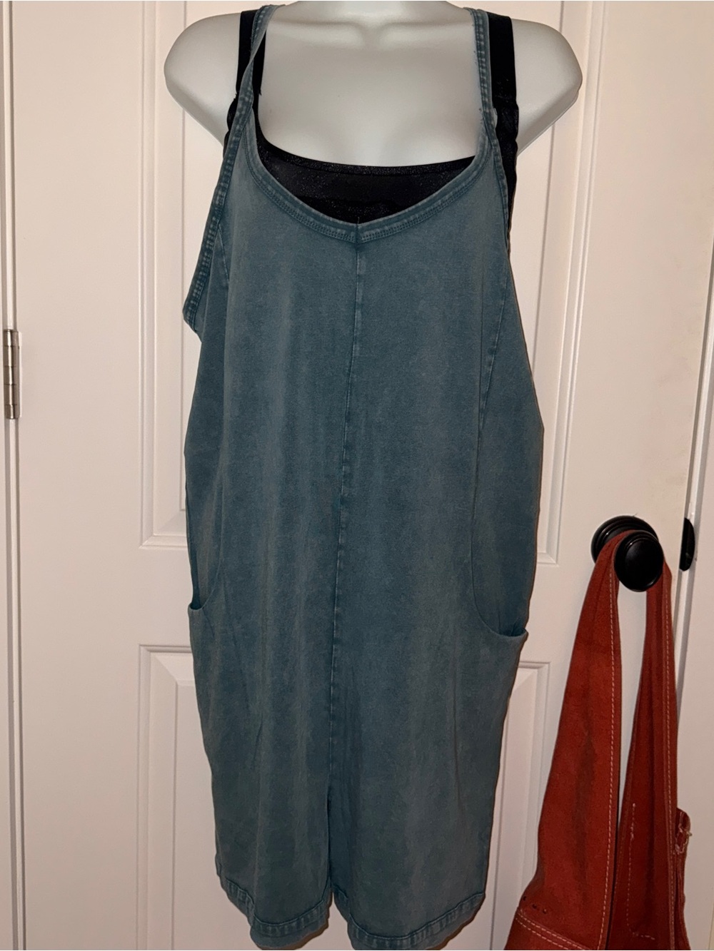 Sundry Teal Denim Short Overalls Romper